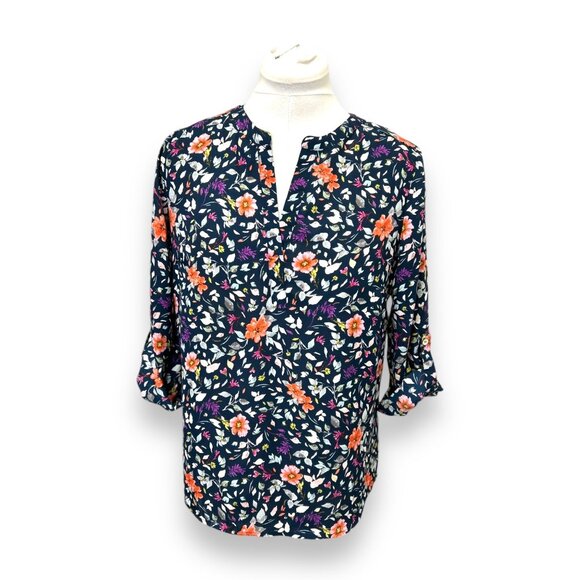 Daniel Rainn Womens Koda Split Neck Floral Print 3/4 Roll-Tab Sleeve Blouse M - Picture 1 of 9